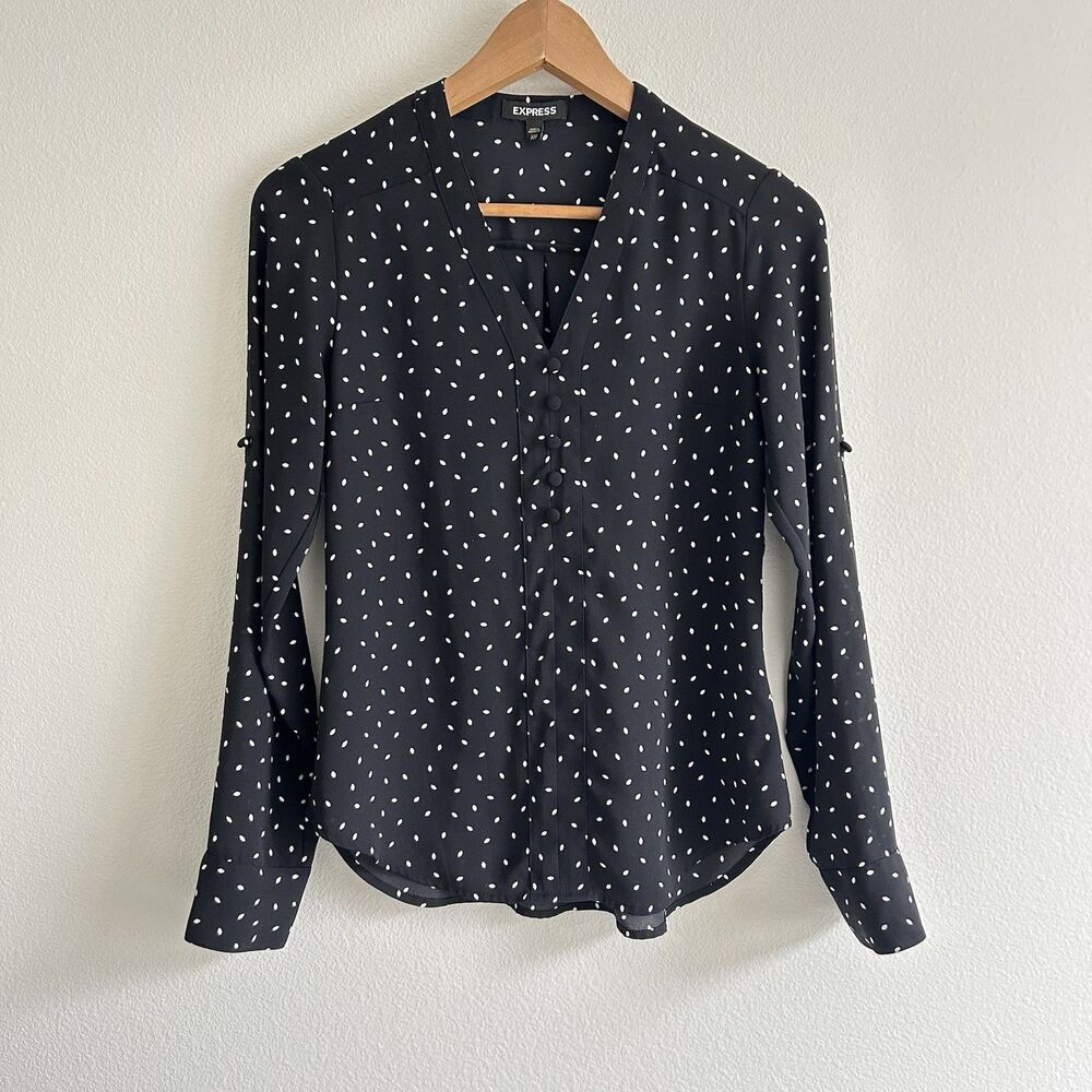 Express Black Semi Sheer Blouse Polka Dot White Leaves Size XXS Career Classic